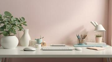 minimalistische zacht pastel kleur bureau opstelling interieur huis kantoor foto