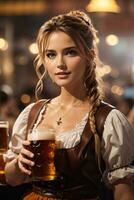 gelukkig Beiers vrouw Holding bier mokken Aan Oktoberfest foto