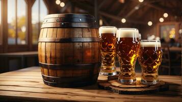 realistisch oktoberfeest bier vat met bier bril Aan houten tafel foto