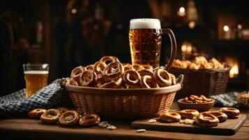 oktoberfeest arrangement met heerlijk zoute krakeling en bier festival foto