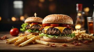 nog steeds leven van heerlijk Amerikaans Hamburger en Frans Patat Aan houten tafel foto