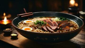 foto van ramen soep met noedels zacht ei en chashu varkensvlees Aan een donker achtergrond