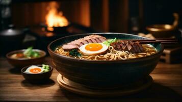 foto van ramen soep met noedels zacht ei en chashu varkensvlees Aan een donker achtergrond