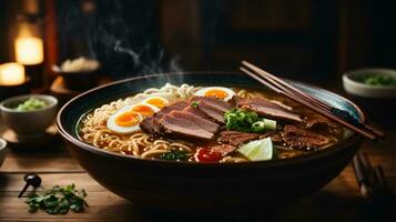 foto van ramen soep met noedels zacht ei en chashu varkensvlees Aan een donker achtergrond