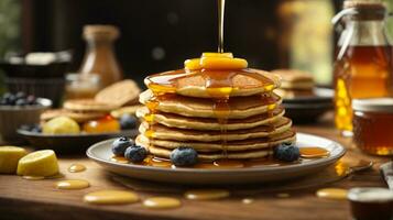 ontbijt pannekoeken Aan bord met honing en bessen foto