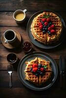 heerlijk wafel ontbijt met BES fruit Aan houten tafel foto