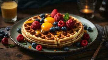 heerlijk wafel ontbijt met BES fruit Aan houten tafel foto