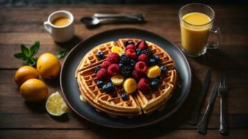 heerlijk wafel ontbijt met BES fruit Aan houten tafel foto