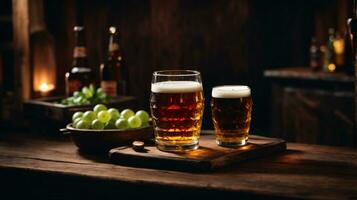 foto van glas bier en snacks met fles in achtergrond in bar