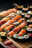 heerlijk sushi Aan houten bord foto