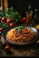 heerlijk authentiek Italiaans spaghetti Aan bord foto