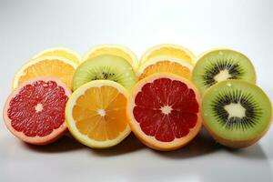 citrus fruit plakjes staand Aan een wit achtergrond foto
