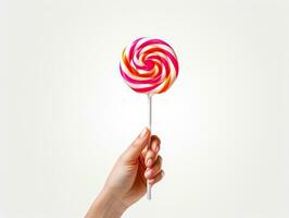 een hand- Holding lolly Aan wit achtergrond generatief ai foto