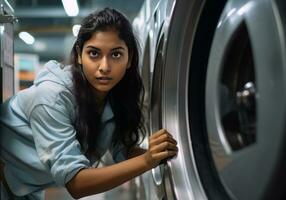 foto van jong meisje staand in de buurt de het wassen machine generatief ai