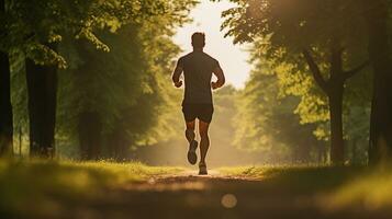 terug visie van een Mens rennen Bij een jogging met zonneschijn generatief ai foto