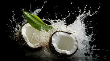 kokosnoot plons in water Aan zwart achtergrond generatief ai foto