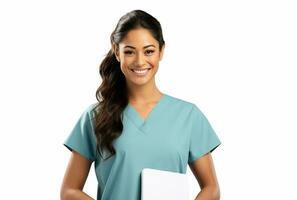 glimlachen verpleegster vervelend blauw scrubs Aan wit achtergrond generatief ai foto