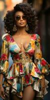 mooi Afrikaanse vrouw in bloemen ontwerp jurk vervelend zonnebril generatief ai foto