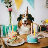 een hond in verjaardag pet met verjaardag taart en kaarsen generatief ai foto