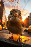 een schattig vogel zittend Aan weg Bij zonsondergang generatief ai foto