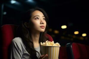 jong Japans vrouw Holding popcorn kop terwijl aan het kijken een film Bij een film theater generatief ai foto