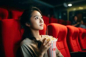 een Japans vrouw Holding popcorn kop terwijl aan het kijken een film in een theater generatief ai foto