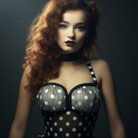 een mooi vrouw vervelend polka punt bustier top Aan donker achtergrond generatief ai foto