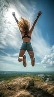 een vrouw jumping met vol van vreugde generatief ai foto