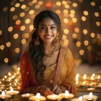 jong Indisch vrouw met diwali lamp Aan bokeh achtergrond generatief ai foto