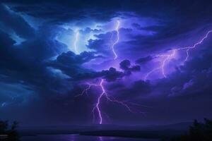 onweersbui lucht, onweersbui achtergrond, onweersbui behang, stormachtig lucht achtergrond, storm wolken, neon onweersbui lucht, ai generatief foto