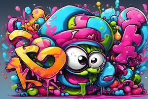 tekenfilm graffiti behang, tekenfilm graffiti achtergrond, tekenfilm graffiti patroon, tekenfilm karakter graffiti achtergrond, tekenfilm karakter graffiti kunst, graffiti achtergrond, ai generatief foto