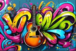 muziek- graffiti behang, graffiti achtergrond, muziek- graffiti patroon, muziek- graffiti achtergrond, muziek- graffiti kunst, muziek- graffiti verf, ai generatief foto