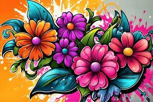 bloem graffiti behang, graffiti achtergrond, bloemen graffiti patroon, bloem graffiti achtergrond, bloem graffiti kunst, bloemen graffiti verf, ai generatief foto