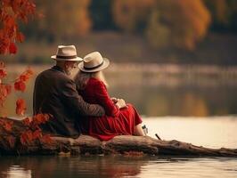 liefhebbend oud paar is genieten van een romantisch herfst dag ai generatief foto