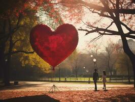 liefhebbend Aziatisch paar is genieten van een romantisch herfst dag ai generatief foto