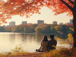 liefhebbend Aziatisch paar is genieten van een romantisch herfst dag ai generatief foto