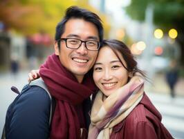 liefhebbend Aziatisch paar is genieten van een romantisch herfst dag ai generatief foto