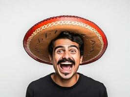 Mexicaans Mens in emotioneel houding Aan wit achtergrond ai generatief foto