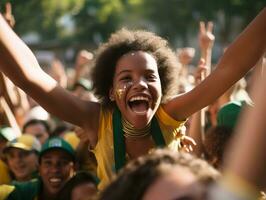 braziliaans kind viert zijn voetbal teams zege ai generatief foto