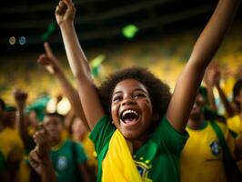 braziliaans kind viert zijn voetbal teams zege ai generatief foto