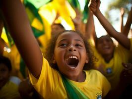 braziliaans kind viert zijn voetbal teams zege ai generatief foto