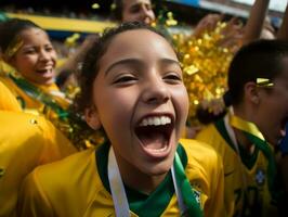 braziliaans kind viert zijn voetbal teams zege ai generatief foto