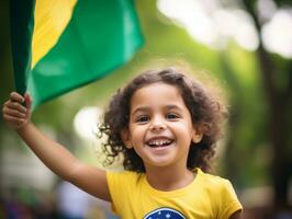 braziliaans kind viert zijn voetbal teams zege ai generatief foto