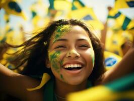 braziliaans kind viert zijn voetbal teams zege ai generatief foto