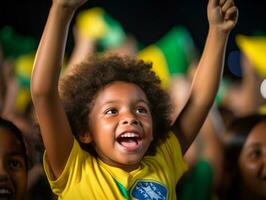 braziliaans kind viert zijn voetbal teams zege ai generatief foto