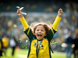 braziliaans kind viert zijn voetbal teams zege ai generatief foto