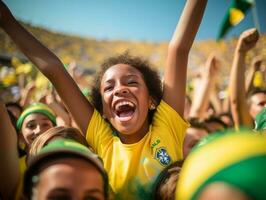 braziliaans kind viert zijn voetbal teams zege ai generatief foto