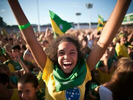 braziliaans kind viert zijn voetbal teams zege ai generatief foto