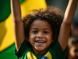 braziliaans kind viert zijn voetbal teams zege ai generatief foto