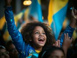 braziliaans kind viert zijn voetbal teams zege ai generatief foto